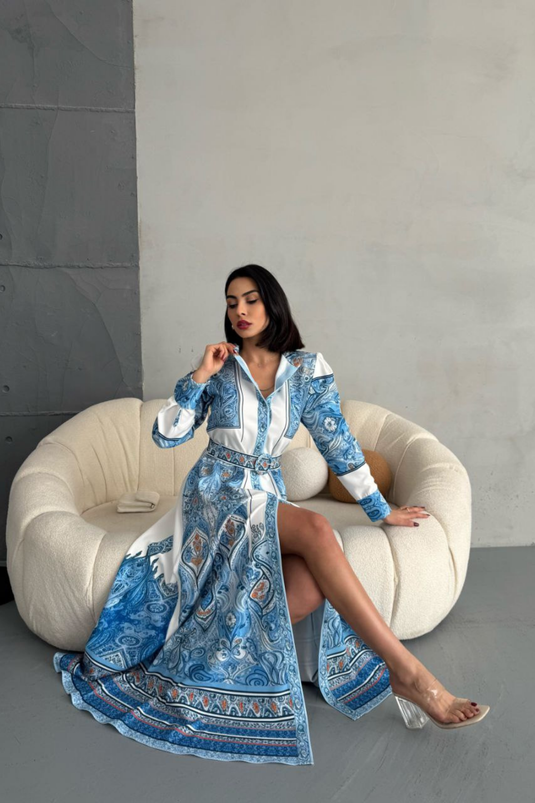 Atlas Kumaş Çiçek Desenli Gömlek Yaka Düğme Detaylı Mavi Elbise (KEMER DAHİLDİR) 2502-6