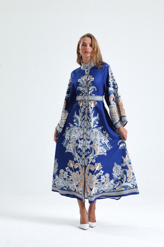 Atlas Kumaş Çiçek Desenli Gömlek Yaka Düğme Detaylı Elbise (KEMER DAHİLDİR)-2393