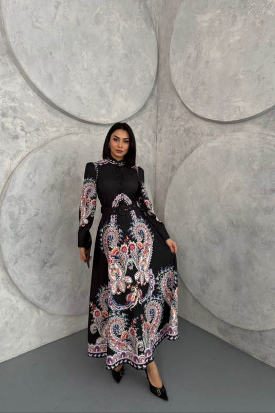 Atlas Kumaş Çiçek Desenli Gömlek Yaka Düğme Detaylı Elbise (KEMER DAHİLDİR)2502-7