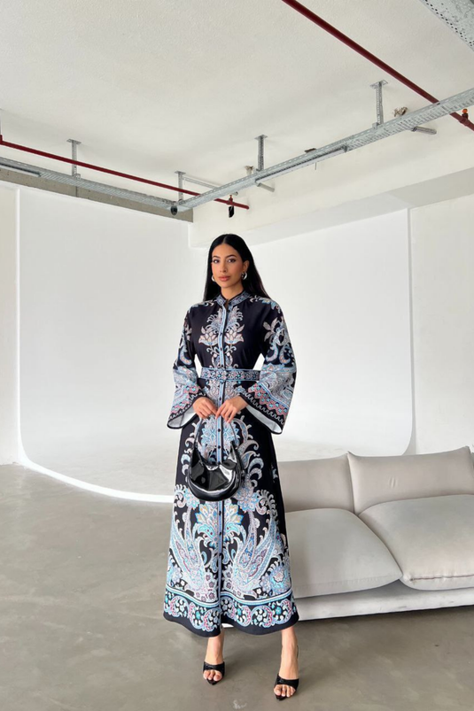 Atlas Kumaş Çiçek Desenli Gömlek Yaka Düğme Detaylı Mavi Elbise (KEMER DAHİLDİR) 4235-4