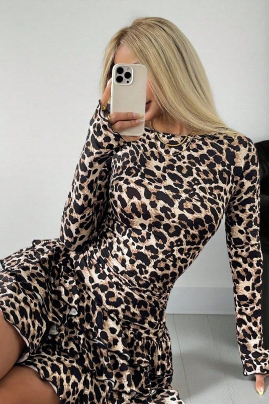 Uzun Kollu Bisiklet Yaka Belden Oturtmalı Leopar Desen Eteği Fırfırlı Dalgıç Elbise-76208