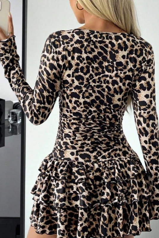 Uzun Kollu Bisiklet Yaka Belden Oturtmalı Leopar Desen Eteği Fırfırlı Dalgıç Elbise-76208