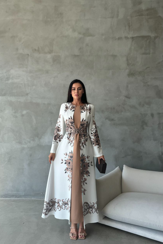 İthal Babel Kumaş Çiçek Desenli Kendinden Parçalı Bej Elbise (KEMER DAHİLDİR) -42127