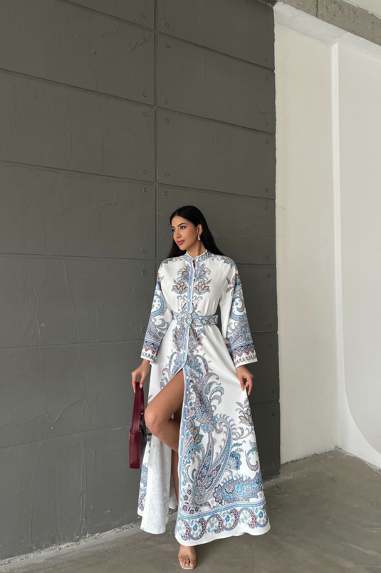 Atlas Kumaş Mendil Kol Düğme detaylı Gömlek Elbise (KEMER DAHİLDİR)- 4235