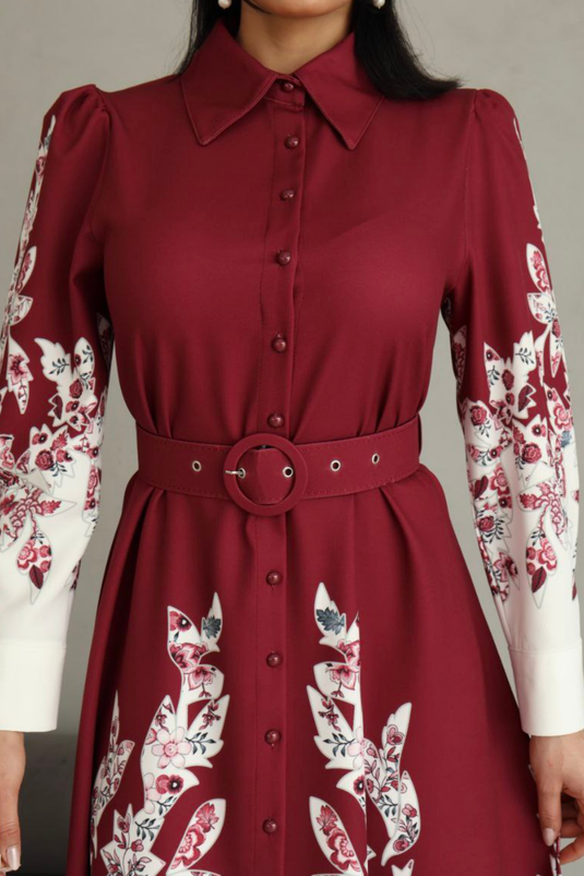 Atlas Kumaş Çiçek Desenli Gömlek Yaka Düğme Detaylı Elbise (KEMER DAHİLDİR)-2501