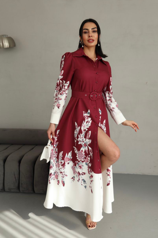 Atlas Kumaş Çiçek Desenli Gömlek Yaka Düğme Detaylı Elbise (KEMER DAHİLDİR)-2501