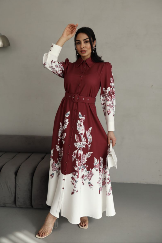 Atlas Kumaş Çiçek Desenli Gömlek Yaka Düğme Detaylı Elbise (KEMER DAHİLDİR)-2501