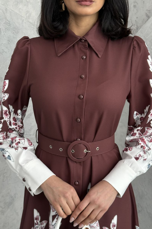 Atlas Kumaş Çiçek Desenli Gömlek Yaka Düğme Detaylı Elbise (KEMER DAHİLDİR)-2501