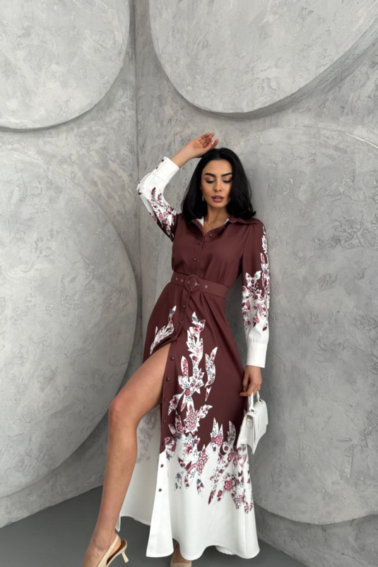 Atlas Kumaş Çiçek Desenli Gömlek Yaka Düğme Detaylı Elbise (KEMER DAHİLDİR)-2501