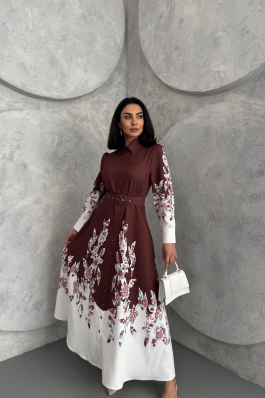 Atlas Kumaş Çiçek Desenli Gömlek Yaka Düğme Detaylı Elbise (KEMER DAHİLDİR)-2501