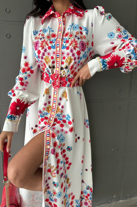 Atlas Kumaş Çiçek Desenli Gömlek Yaka Düğme Detaylı Kırmızı Elbise (KEMER DAHİLDİR)-4224