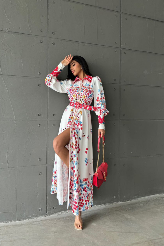 Atlas Kumaş Çiçek Desenli Gömlek Yaka Düğme Detaylı Kırmızı Elbise (KEMER DAHİLDİR)-4224