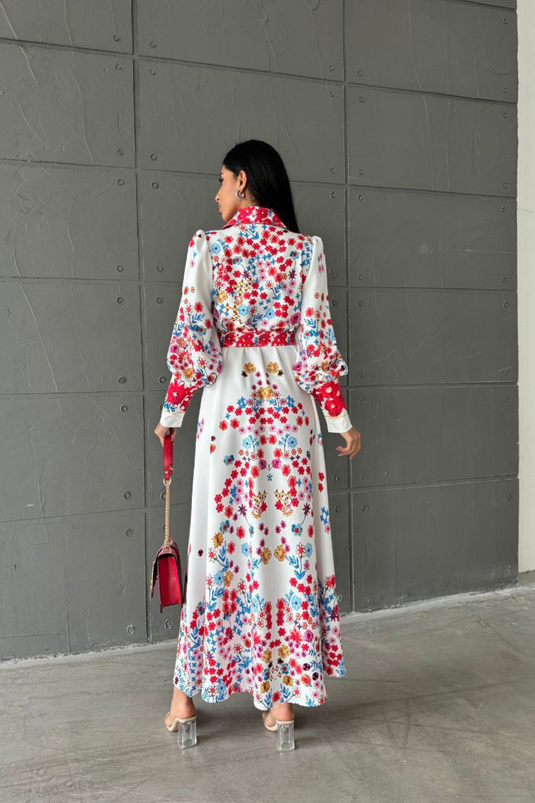 Atlas Kumaş Çiçek Desenli Gömlek Yaka Düğme Detaylı Kırmızı Elbise (KEMER DAHİLDİR)-4224