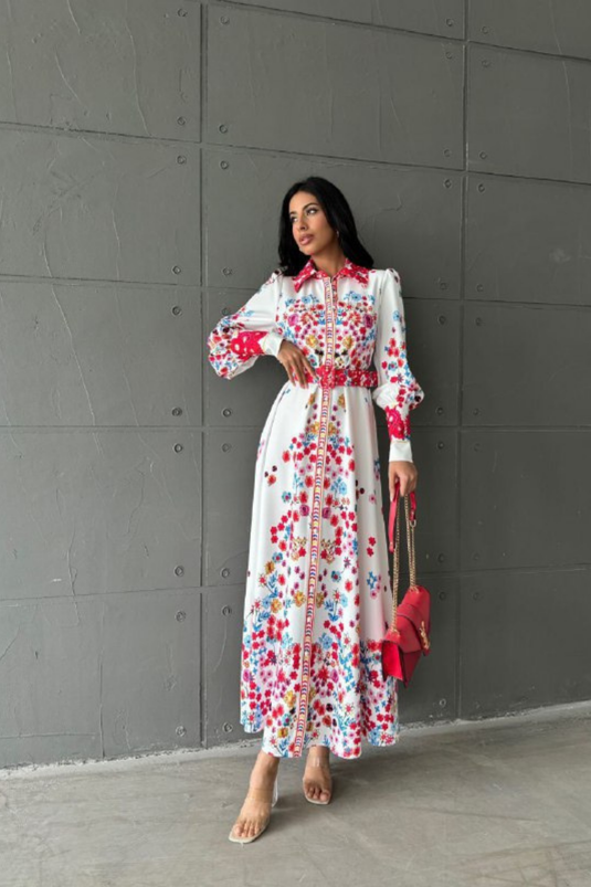 Atlas Kumaş Çiçek Desenli Gömlek Yaka Düğme Detaylı Kırmızı Elbise (KEMER DAHİLDİR)-4224