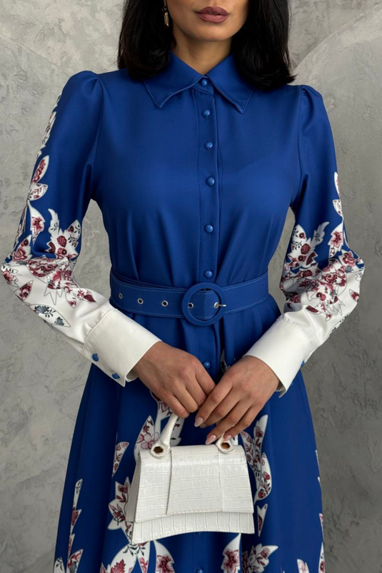 Atlas Kumaş Çiçek Desenli Gömlek Yaka Düğme Detaylı Elbise (KEMER DAHİLDİR)-2501