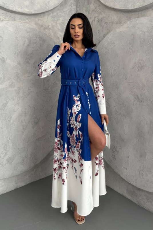 Atlas Kumaş Çiçek Desenli Gömlek Yaka Düğme Detaylı Elbise (KEMER DAHİLDİR)-2501