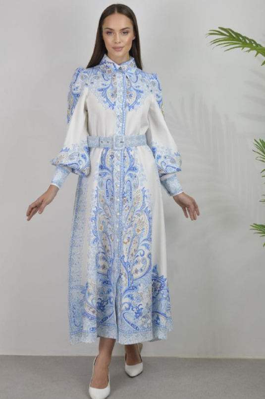 Atlas Kumaş Çiçek Desenli Gömlek Yaka Düğme Detaylı Mavi Elbise (KEMER DAHİLDİR)-23133