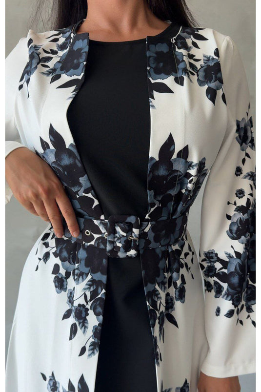 Atlas Kumaş Çiçek Desenli Bisiklet Yaka Ek Parça Detaylı Siyah Elbise (KEMER DAHİLDİR)-42127