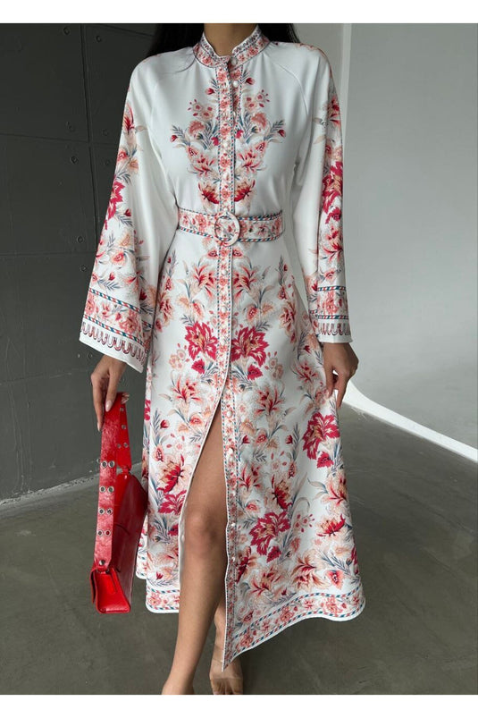 Atlas Kumaş Çiçek Desenli Gömlek Yaka Düğme Detaylı Laci Elbise (KEMER DAHİLDİR)-4235