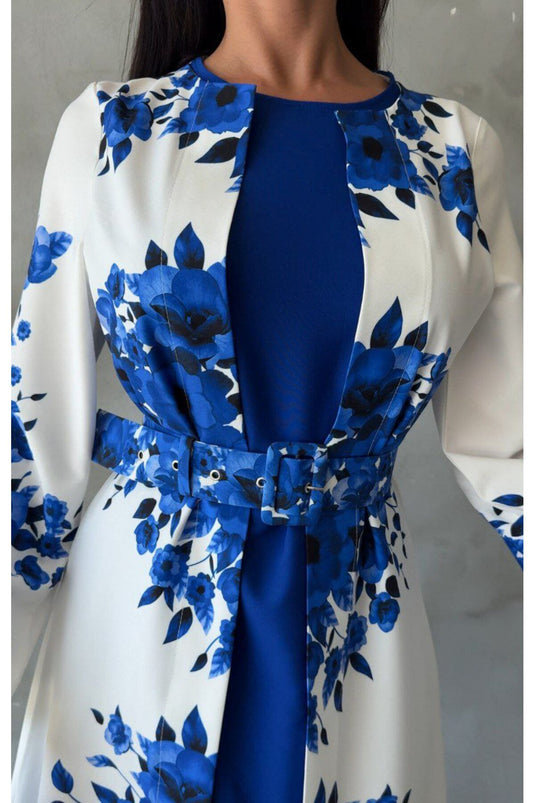 Atlas Kumaş Çiçek Desenli Bisiklet Yaka Ek Parça Detaylı Siyah Elbise (KEMER DAHİLDİR)-42127