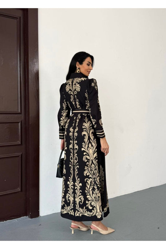 Atlas Kumaş Çiçek Desenli Gömlek Yaka Düğme Detaylı Beyaz Elbise (KEMER DAHİLDİR)-2599