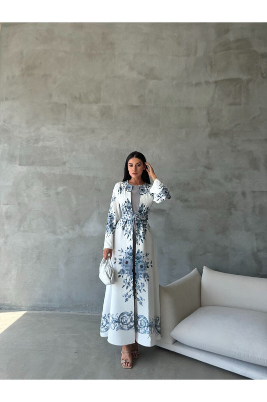 Atlas Kumaş Çiçek Desenli Bisiklet Yaka Ek Parça Detaylı Siyah Elbise (KEMER DAHİLDİR)-42127