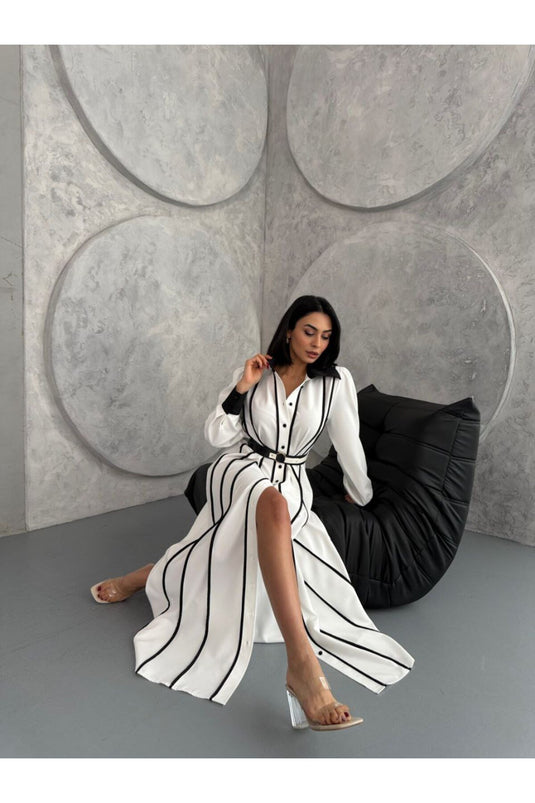 Atlas Kumaş Çiçek Desenli Gömlek Yaka Düğme Detaylı Siyah Elbise (KEMER DAHİLDİR)-42166