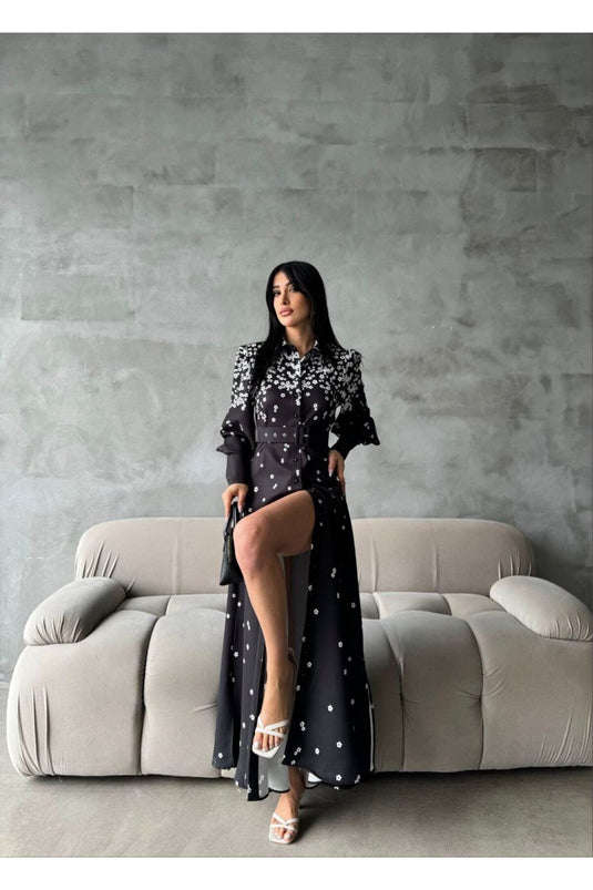 Atlas Kumaş Çiçek Desenli Gömlek Yaka Düğme Detaylı Siyah Elbise (KEMER DAHİLDİR)-4229