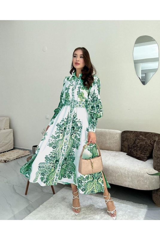 Atlas Kumaş Elbise Siyah (kemer Dahildir) - Yeşil NHN79