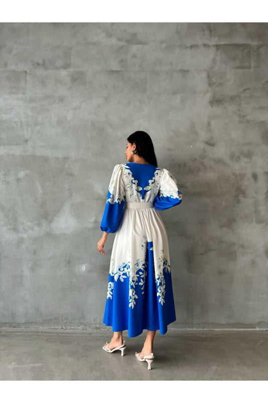 Atlas Kumaş Elbise (Kemer Dahildir) - Mavi