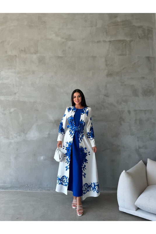 Atlas Kumaş Çiçek Desenli Bisiklet Yaka Ek Parça Detaylı Siyah Elbise (KEMER DAHİLDİR)-42127