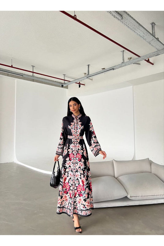 Atlas Kumaş Çiçek Desenli Gömlek Yaka Düğme Detaylı Siyah Elbise (KEMER DAHİLDİR)-4235