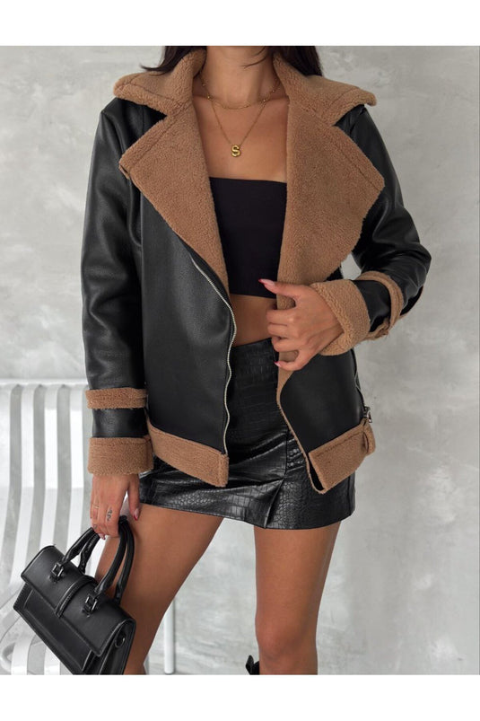 Astarlı Kuzu Deri Kürklü Mont -Beyaz