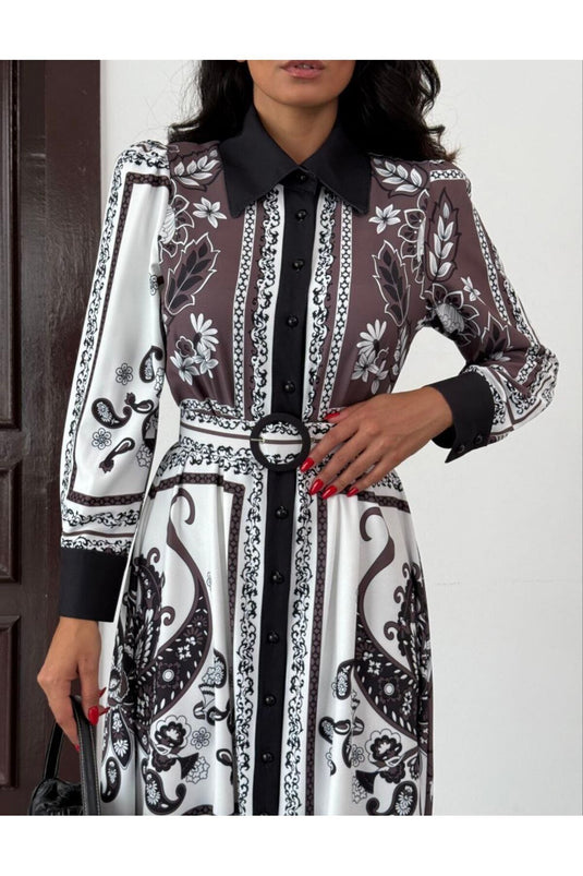 Atlas Kumaş Çiçek Desenli Gömlek Yaka Düğme Detaylı Beyaz Elbise (KEMER DAHİLDİR)-2599