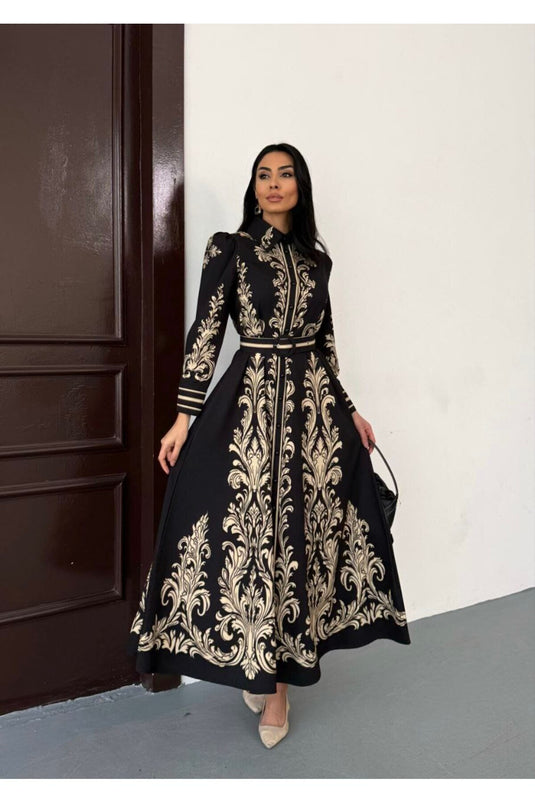 Atlas Kumaş Çiçek Desenli Gömlek Yaka Düğme Detaylı Beyaz Elbise (KEMER DAHİLDİR)-2599