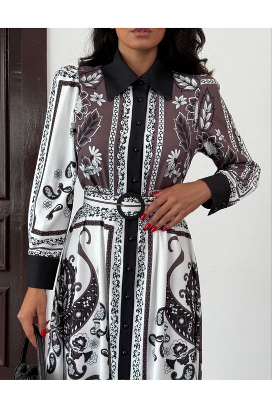 Atlas Kumaş Çiçek Desenli Gömlek Yaka Düğme Detaylı Beyaz Elbise (KEMER DAHİLDİR)-2599