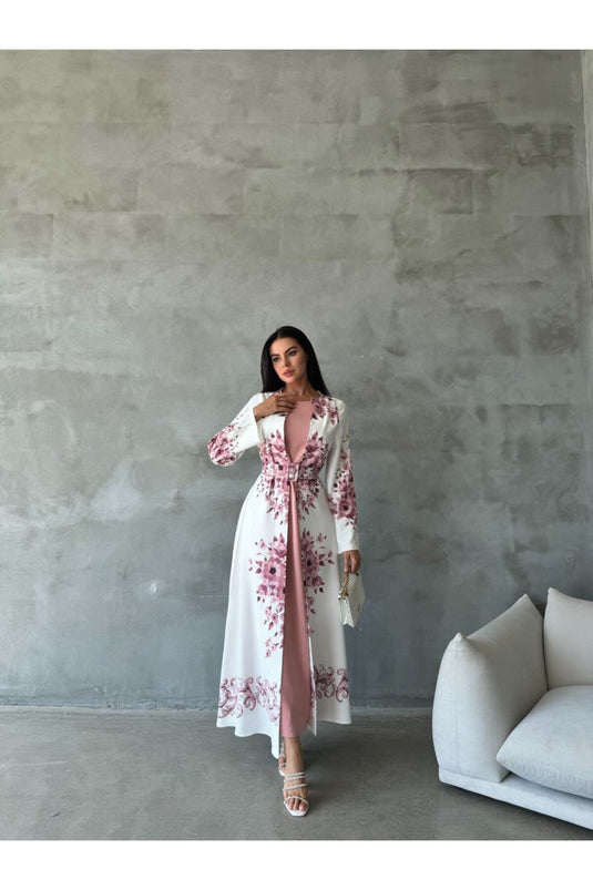 Atlas Kumaş Çiçek Desenli Bisiklet Yaka Ek Parça Detaylı Siyah Elbise (KEMER DAHİLDİR)-42127