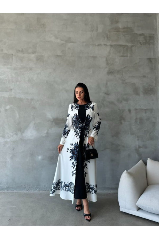 Atlas Kumaş Çiçek Desenli Bisiklet Yaka Ek Parça Detaylı Siyah Elbise (KEMER DAHİLDİR)-42127