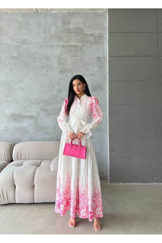 ATLAS KUMAŞ ELBİSE DANTEL DETAYLI (Kemer dahil ) BEYAZ -PEMBE -4251