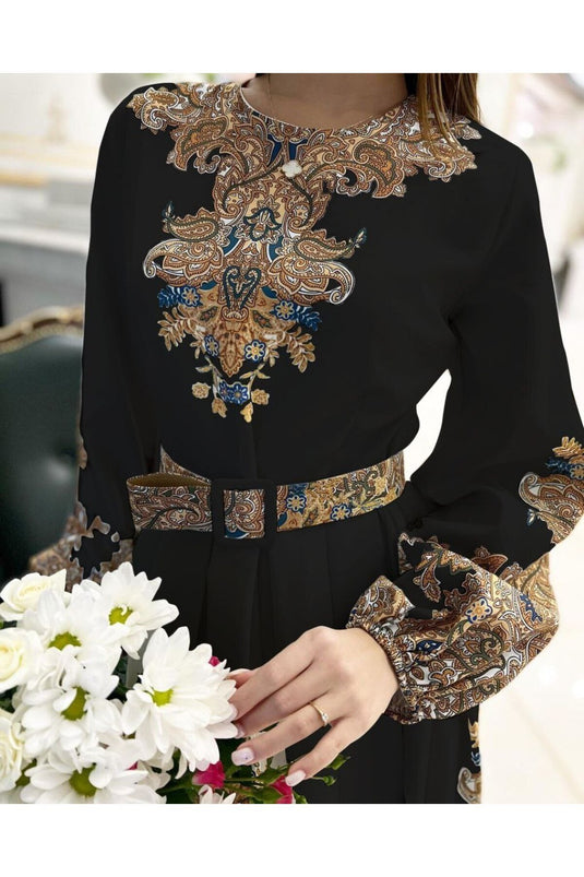 Atlas Kumaş Çiçek Desenli Düğme Detaylı Siyah Elbise (kemer Dahildir)