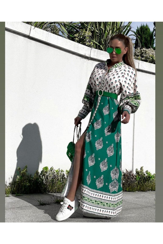 Atlas Kumaş Elbise Yeşil (KUŞAK DAHİLDİR)