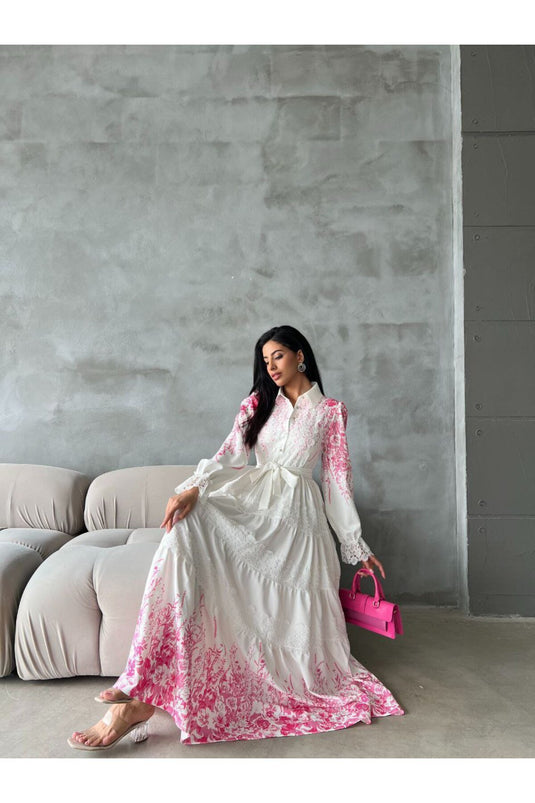 ATLAS KUMAŞ ELBİSE DANTEL DETAYLI (Kemer dahil ) BEYAZ -PEMBE -4251