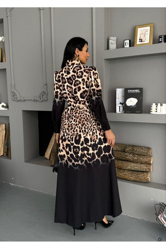 Atlas Kumaş Çiçek Desenli Gömlek Yaka Düğme Detaylı Beyaz Elbise (KEMER DAHİLDİR)-2599