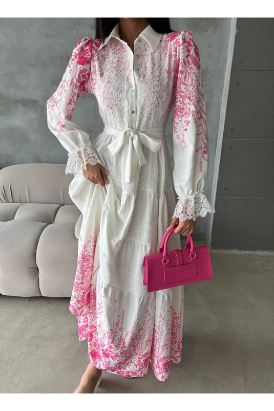 ATLAS KUMAŞ ELBİSE DANTEL DETAYLI (Kemer dahil ) BEYAZ -PEMBE -4251