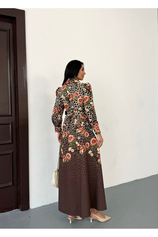 Atlas Kumaş Çiçek Desenli Gömlek Yaka Düğme Detaylı Beyaz Elbise (KEMER DAHİLDİR)-2599