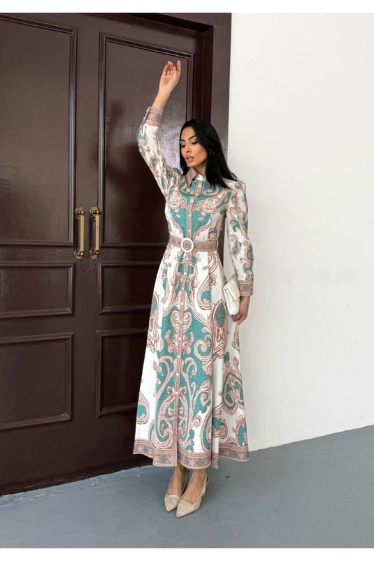 Atlas Kumaş Çiçek Desenli Gömlek Yaka Düğme Detaylı Beyaz Elbise (KEMER DAHİLDİR)-2599