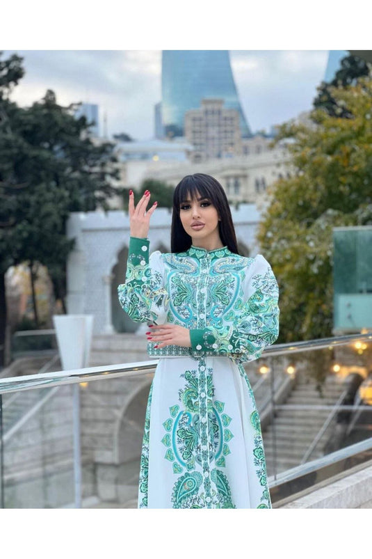 Atlas Kumaş Çiçek Desenli Gömlek Yaka Düğme Detaylı Yeşil Elbise (KEMER DAHİLDİR)-22345