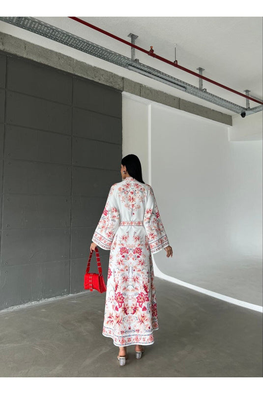 Atlas Kumaş Çiçek Desenli Gömlek Yaka Düğme Detaylı Laci Elbise (KEMER DAHİLDİR)-4235