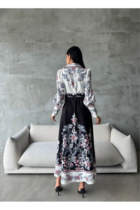 Atlas Kumaş Düğme Detaylı Elbise (KEMER DAHİLDİR)-Siyah-4227