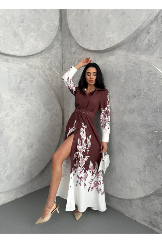 Atlas Kumaş Çiçek Desenli Gömlek Yaka Düğme Detaylı Siyah Elbise (KEMER DAHİLDİR)-2501